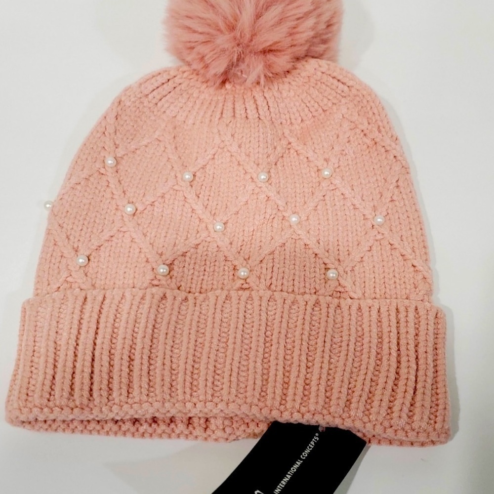 Inc Cable Knit Cap w/ Pink Pom Pom & Pearl Accents